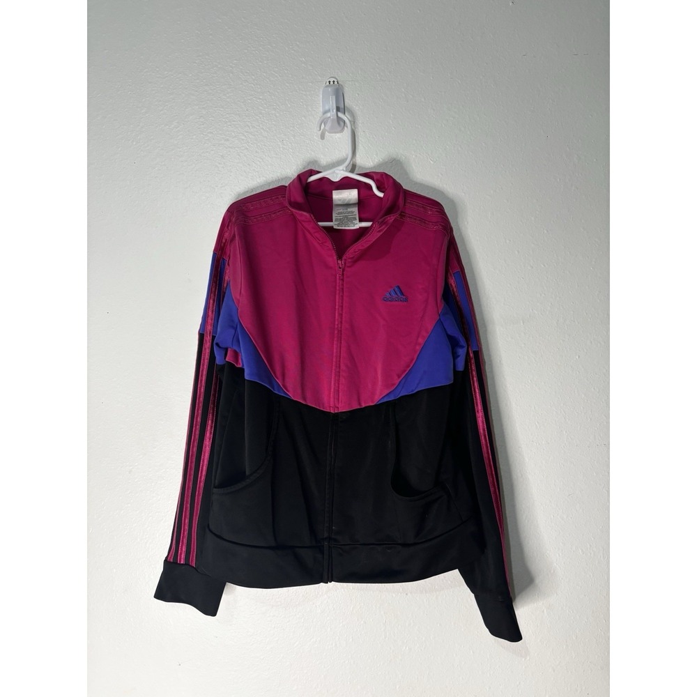 adidas Girls' Colorblock Track Jacket Pink Black Blue Size L Full Zip Pockets